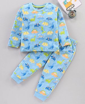 Babyhug Cotton Knit Full Sleeves DIno Print Night Suit - Stone Blue