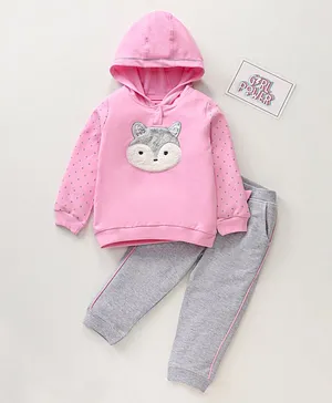 Babyhug Full Sleeves Hoodie & Jogger Set Fox Design - Pink Grey