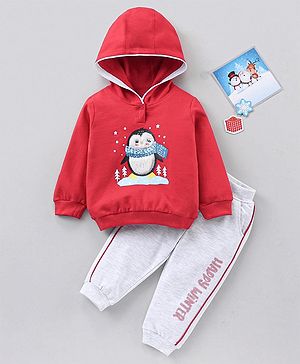 Babyhug Cotton Full Sleeves Hooded T-Shirt & Lounge Pants Penguin Patch- Red White
