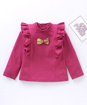 Babyhug Cotton Knit Full Sleeves Solid Colour With Sequins Bow Top - Maroon