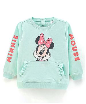 Babyhug Full Sleeves Knit Sweatshirt with Minnie Mouse Graphic & HD Text Print at Sleeves- Mint Green