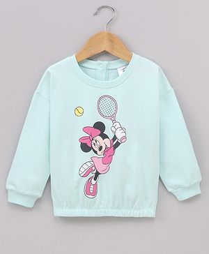 Babyhug Cotton Knit Full Sleeves Drop Shoulder Mini Mouse Printed Sweatshirt With Elasticated Bottom Hem - Sky Blue