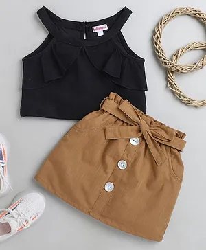 Taffy Sleeveless Solid Crop Top With Belt Detailed Skirt - Black & Khaki Brown