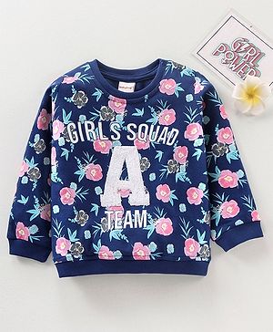 Babyhug Full Sleeves Sweatshirt Floral Print & Terry Embroidery- Navy