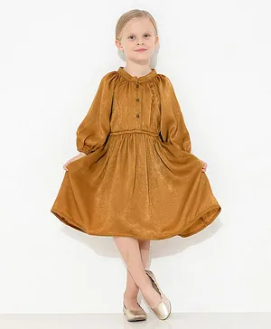 Cherry Crumble By Nitt Hyman Three Fourth Sleeves Front Button Closure Medallion Spring Pleated Dress - Mustard Brown
