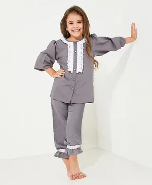 Cherry Crumble By Nitt Hyman Full Sleevces Lace Placement Embroidered Front Button Closure Solid Cloudy Night Suit - Grey