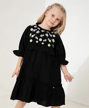 Cherry Crumble By Nitt Hyman Three Fourth Sleeves Floral Embroidered Vintage Chic Dress- Black