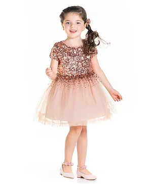Cherry Crumble By Nitt Hyman Half Sleeves sequin Embellished Bodice Fit & Flared Dress - Salmon Peach