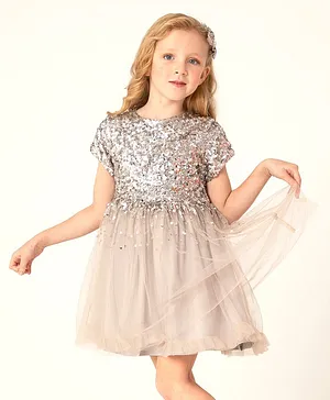 Cherry Crumble By Nitt Hyman Half Sleeves Sequin Embellished Fit And Dress- Grey