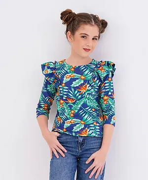 Primo Gino 3/4th Sleeves Floral Digital Print Top With Frill Detail In Cotton Elastane Fabric- Blue