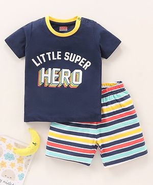 Babyhug Half Sleeves Cotton Shorts Set Text Print - Blue