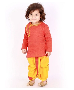 KID1 Full Sleeves Placement Embroidered Detail Kurta With Dhoti - Orange