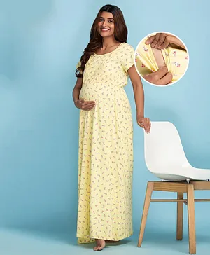Bella Mama Half Sleeves Cotton Maternity Nighty Floral Print - Yellow