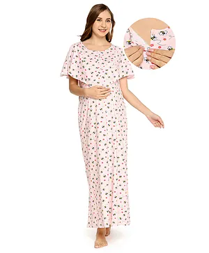 Bella Mama Half Sleeves Cotton Maternity Nighty Honeybee Print - Pink