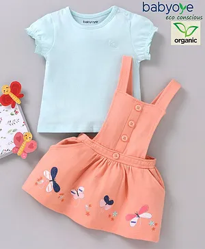 Babyoye Eco conscious Organic 100% Cotton Sleeveless Frock with Half Sleeves Inner Tee Butterfly Embroidered - Blue Pink