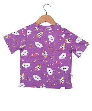 SuperBottoms Short Sleeve All Over Unicorn Themed Cloud And Kitty Printed Tee - Purple