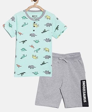 3PIN Half Sleeves Dinosaurs Print Tee & Shorts Set - Blue & Melange Grey
