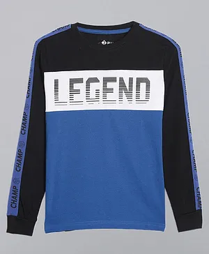3PIN Full Sleeves Legend Placement Text Print Color Block Tee - Blue