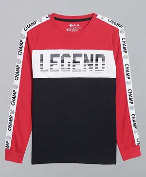 3PIN Full Sleeves Legend Placement Text Print Color Block Tee - Red