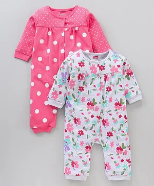 Babyhug 100% Cotton Full Sleeves Floral & Dots Printed Romper Pack Of 2 - Multicolour