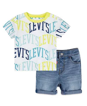 Levi's Half Sleeves Text Print Tee & Shorts Set - White & Blue