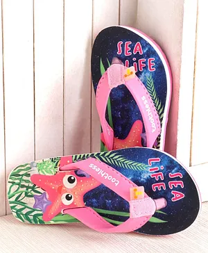 Toothless Slip On Flip Flops Sea Life Print- Blue Pink