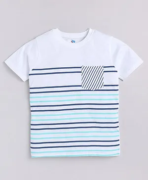 DEAR TO DAD Half Sleeves Striped Tee With Front Pocket - White & Blue