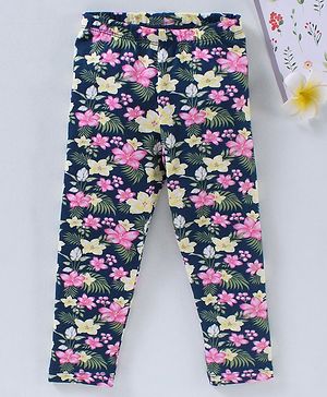Babyhug Full Length Knit Leggings Floral Print - Navy Blue