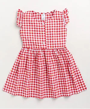 DEAR TO DAD Short Sleeves Checkered Detail Dress - Red