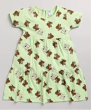 DEAR TO DAD Half Sleeves Running Bunnies Printed Dress - Green