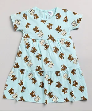 DEAR TO DAD Half Sleeves Running Bunnies Printed Dress - Blue