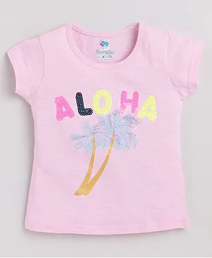 DEAR TO DAD Short Sleeves Aloha Sequins Embellished Coconut Tree Printed Tee - Pink