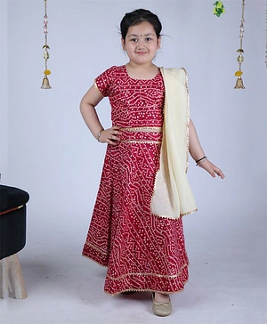 Banjara India Navratri Exclusive Half Sleeves Lace Embellished Kutchi Embroidered On Bandhej Choli & Lehenga With Dupatta - Red