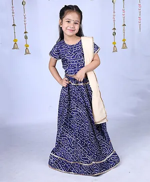 Banjara India Half Sleeves Lace Embellished Kutchi Embroidered On Bandhej Choli & Lehenga With Dupatta - Blue