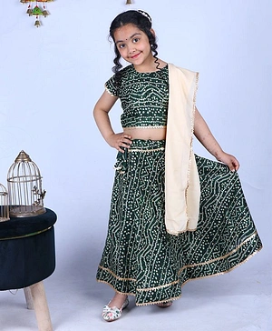 Banjara India Half Sleeves Lace Embellished Kutchi Embroidered On Bandhej Choli & Lehenga With Dupatta - Green