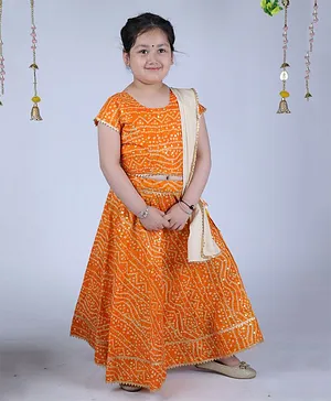 Banjara India Navratri Exclusive Half Sleeves Lace Embellished Kutchi Embroidered On Bandhej Choli & Lehenga With Dupatta - Yellow