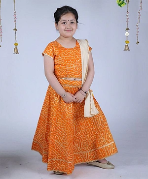Banjara India Half Sleeves Lace Embellished Kutchi Embroidered On Bandhej Choli & Lehenga With Dupatta - Yellow