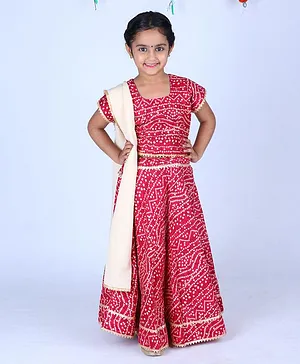 Banjara India Half Sleeves Lace Embellished Kutchi Embroidered On Bandhej Choli & Lehenga With Dupatta - Pinkish Maroon