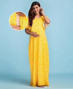 Bella Mama Short Sleeves Maternity Nursing Nighty Paisley Print - Light Yellow