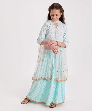Pine Kids Three Fourth Sleeves Sequined Choli with Foil Printed Lehenga - Turquoise Blue