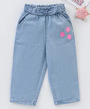 Babyhug Full Length Cotton Jeans With Bow Applique Print Star Print - Blue