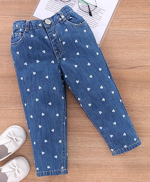 Babyhug Full Length Denim Jeans Heart Print - Blue
