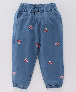 Babyhug Full Length Washed Jeans Floral Embroidery - Blue