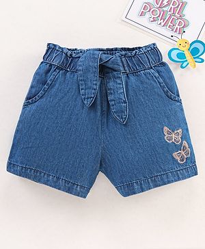 Babyhug Mid Thigh Length Washed Shorts Butterfly Embroidery - Blue