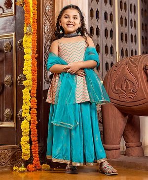 Pine Kids Sleeveless Choli Lehenga Set With Dupatta - Peach