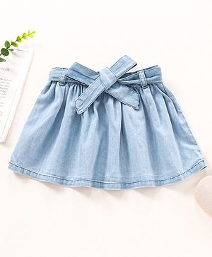 Babyhug Mid Thigh Cotton Denim Skirt Washed With Lace Belt- Blue