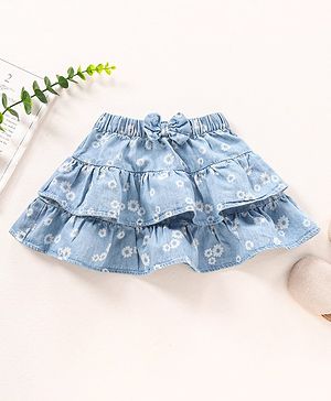 Babyhug Cotton Denim Layered Skirt Floral Print With Bow Applique- Blue