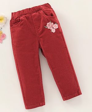 Babyhug Full Length  Corduroy Pants Flower Patch - Red