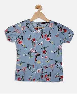 Nins Moda Short Puffed Sleeves All Over Floral Print Top - Sky Blue