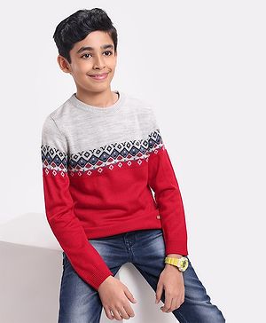 Pine Kids Full Sleeves Fine Knit Argyle Pattern Sweater- Multicolor